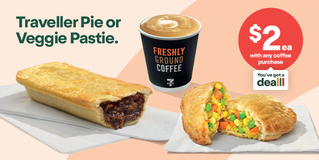 Traveller Pie or Veggie Pastie. $2 each with any coffee purchase